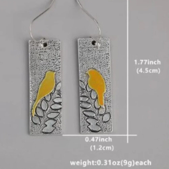 Vintage Bird Pattern Earrings - Delicate Rectangle Leaf Design - Silver Plated - Picture 3 of 4